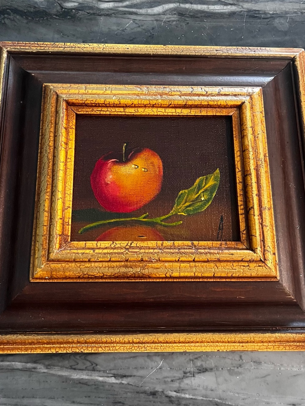 Vintage Apple Painting And Frame Oil On Board Signed A